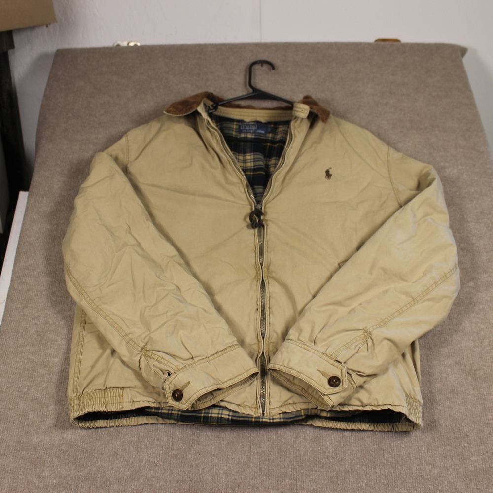 Vintage Polo Ralph Lauren Harrington Jacket Tan Beige Plaid Lined Large Corduroy